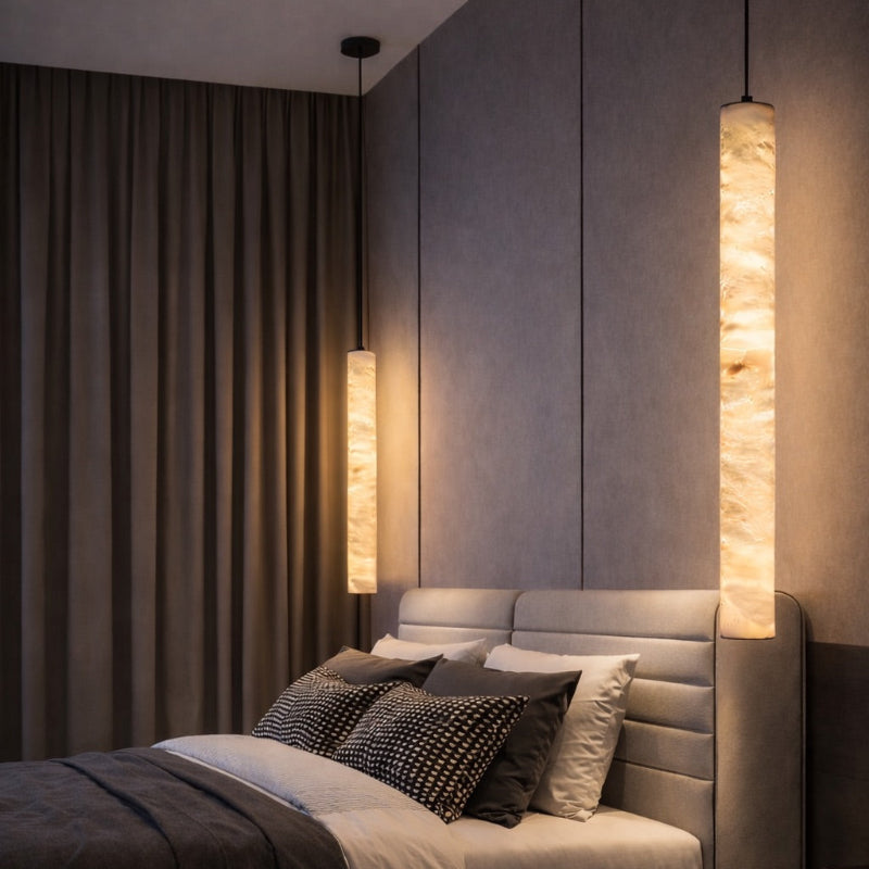 Hand-Carved Alabaster Cylinder Pendant Light