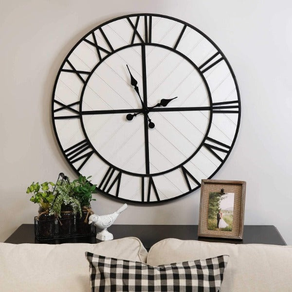 White Wood and Black Metal Wall Clock 31.5" - Novus Decor Wall Decor