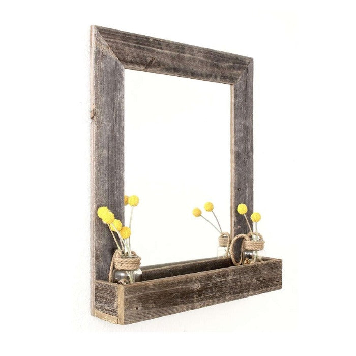 Rustic Weathered Gray Reclaimed Wood Plank Mirror with Shelf - Novus Decor Wall Decor