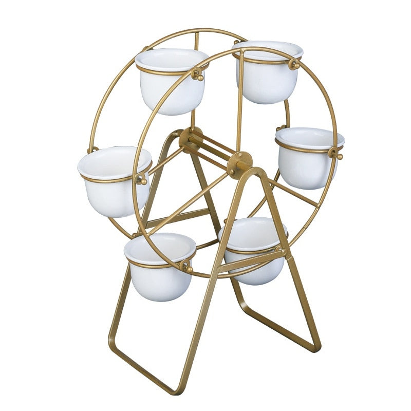 ferris wheel succulent planter Ceramic Succulent Plant Pot Bonsai Holder Home Tabletop Decor With Iron Stand(Gold)
