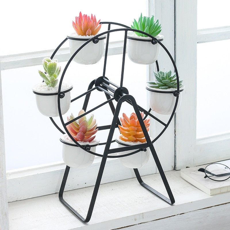ferris wheel succulent planter HOD Health & Home Ferris Wheel Flower Pot Stand With 6 Succulent Plant Pots Black With Larger White Pots
