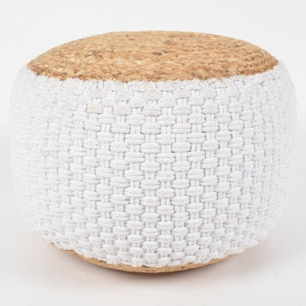 Hand Braided Jute & Daisy White Cotton Pouf Novus Decor