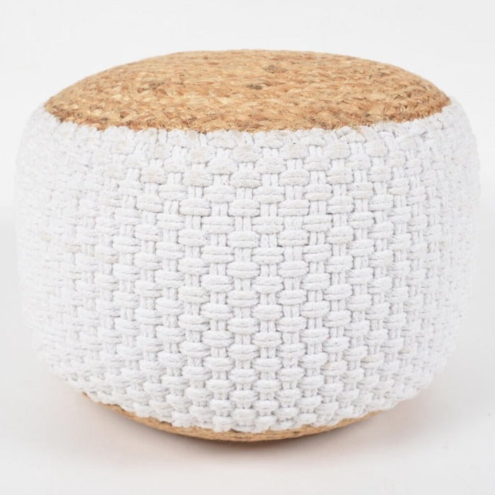 Hand Braided Jute & Daisy White Cotton Pouf Novus Decor