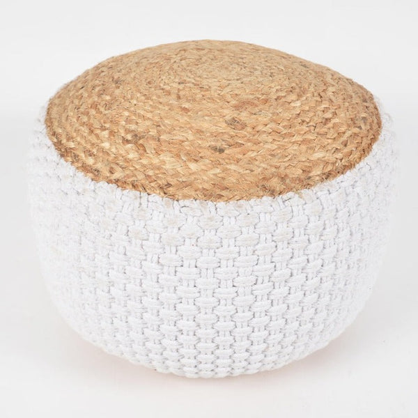 Hand Braided Jute & Daisy White Cotton Pouf Novus Decor