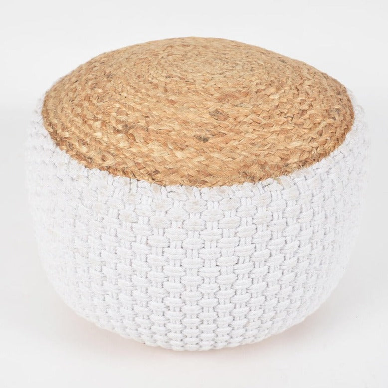 Hand Braided Jute & Daisy White Cotton Pouf Novus Decor