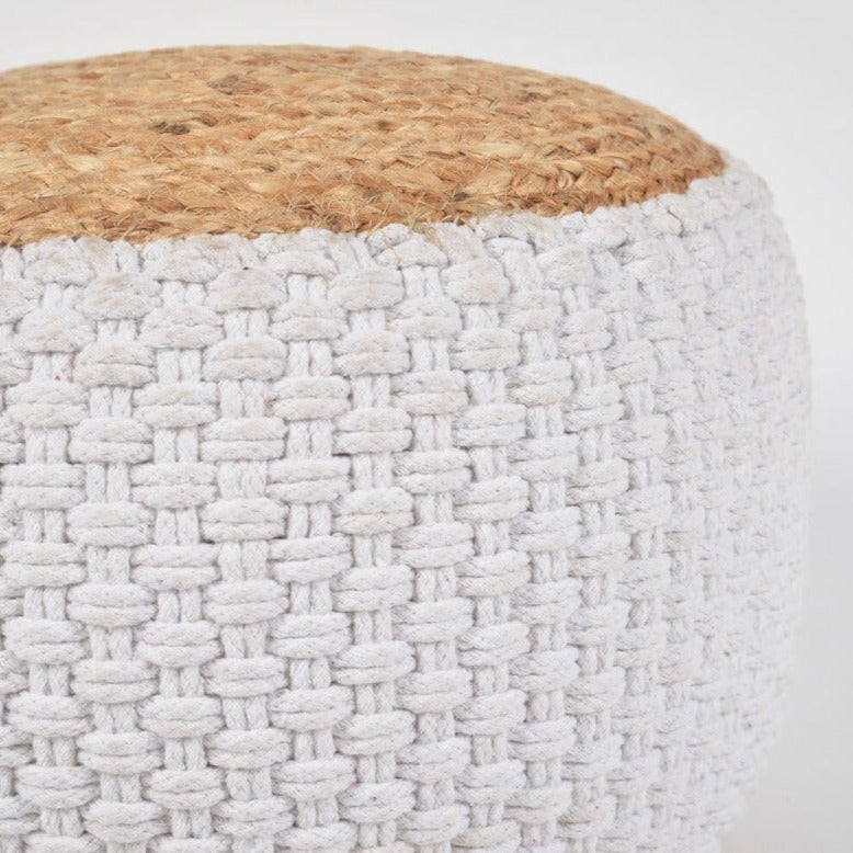 Hand Braided Jute & Daisy White Cotton Pouf Novus Decor